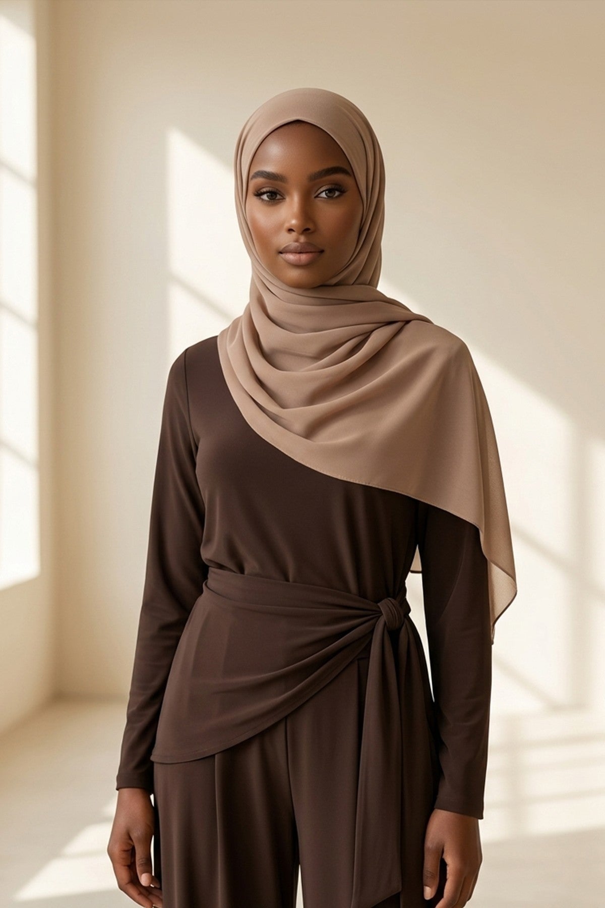 Tie-Back Chiffon Shawl Hijab with Built-In Jersey Underscarf, Non-Slip Ready-to-Wear Chiffon Hijab,PS-61 Sand Brown