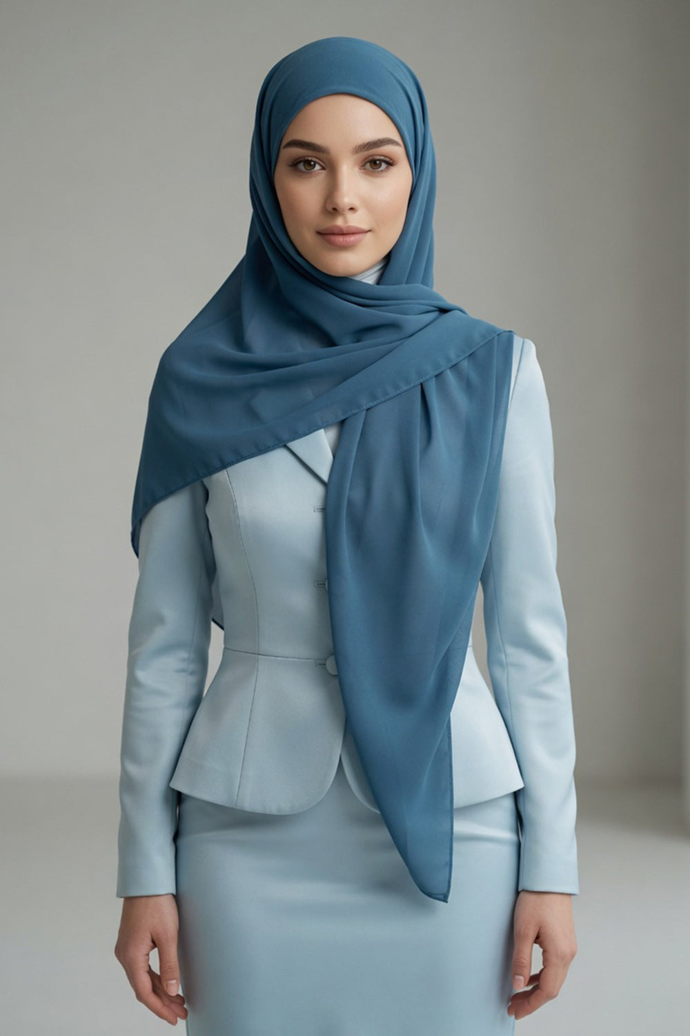 Tie-Back Chiffon Shawl Hijab with Built-In Jersey Underscarf, Non-Slip Ready-to-Wear Chiffon Hijab,PS-61 İndigo