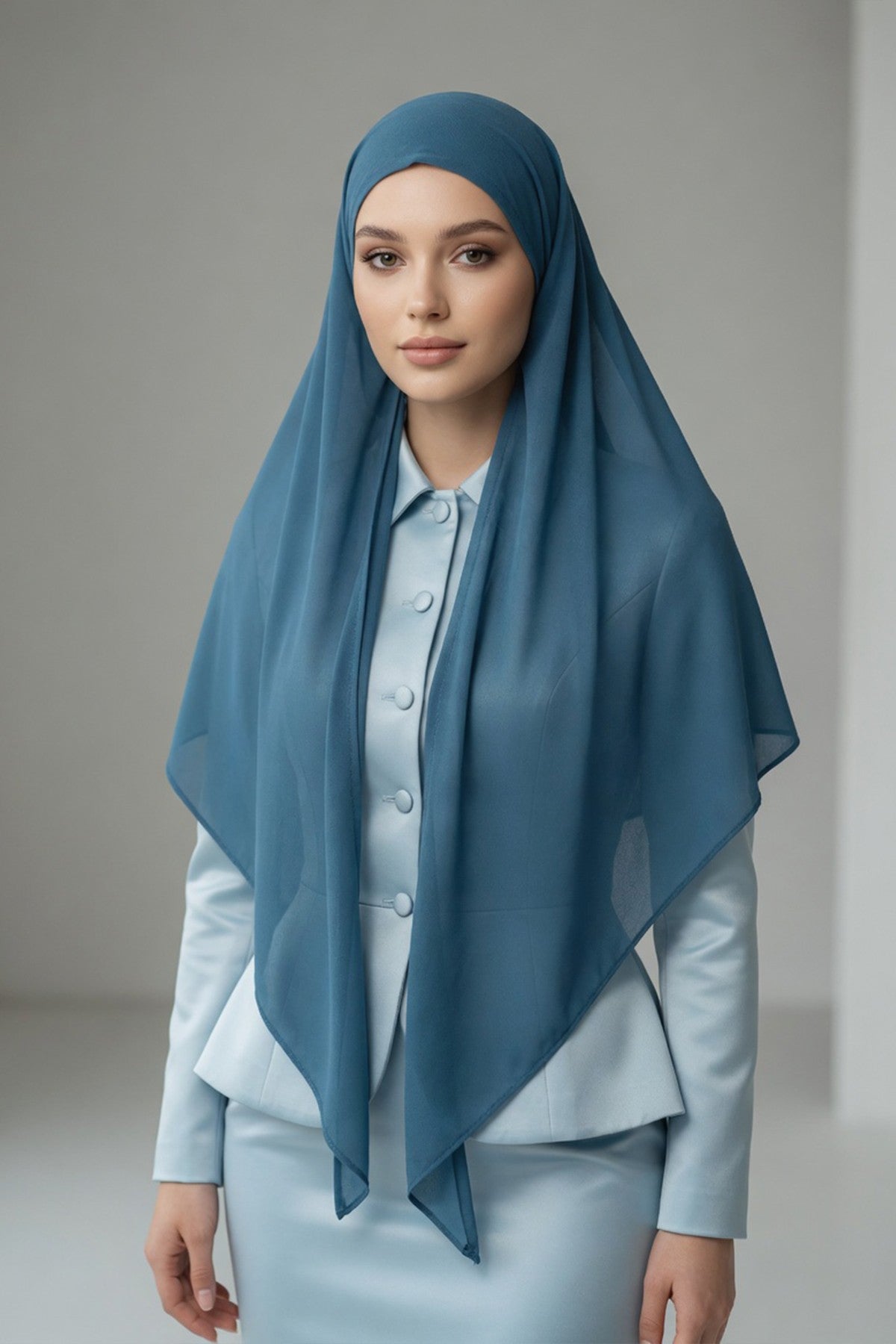 Tie-Back Chiffon Shawl Hijab with Built-In Jersey Underscarf, Non-Slip Ready-to-Wear Chiffon Hijab,PS-61 İndigo