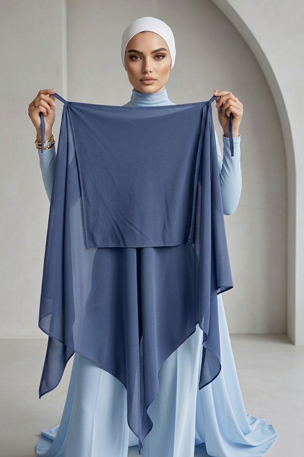Tie-Back Chiffon Shawl Hijab with Built-In Jersey Underscarf, Non-Slip Ready-to-Wear Chiffon Hijab,PS-61 İndigo