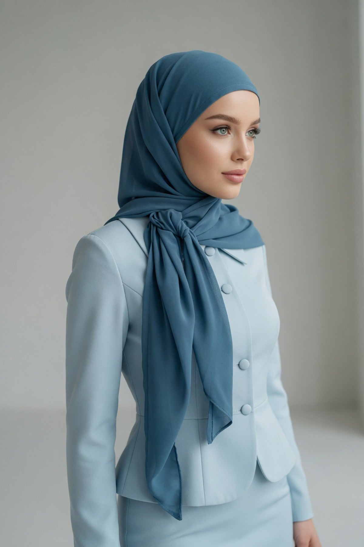 Tie-Back Chiffon Shawl Hijab with Built-In Jersey Underscarf, Non-Slip Ready-to-Wear Chiffon Hijab,PS-61 İndigo