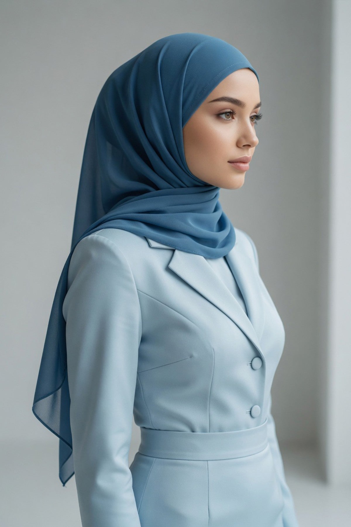 Tie-Back Chiffon Shawl Hijab with Built-In Jersey Underscarf, Non-Slip Ready-to-Wear Chiffon Hijab,PS-61 İndigo