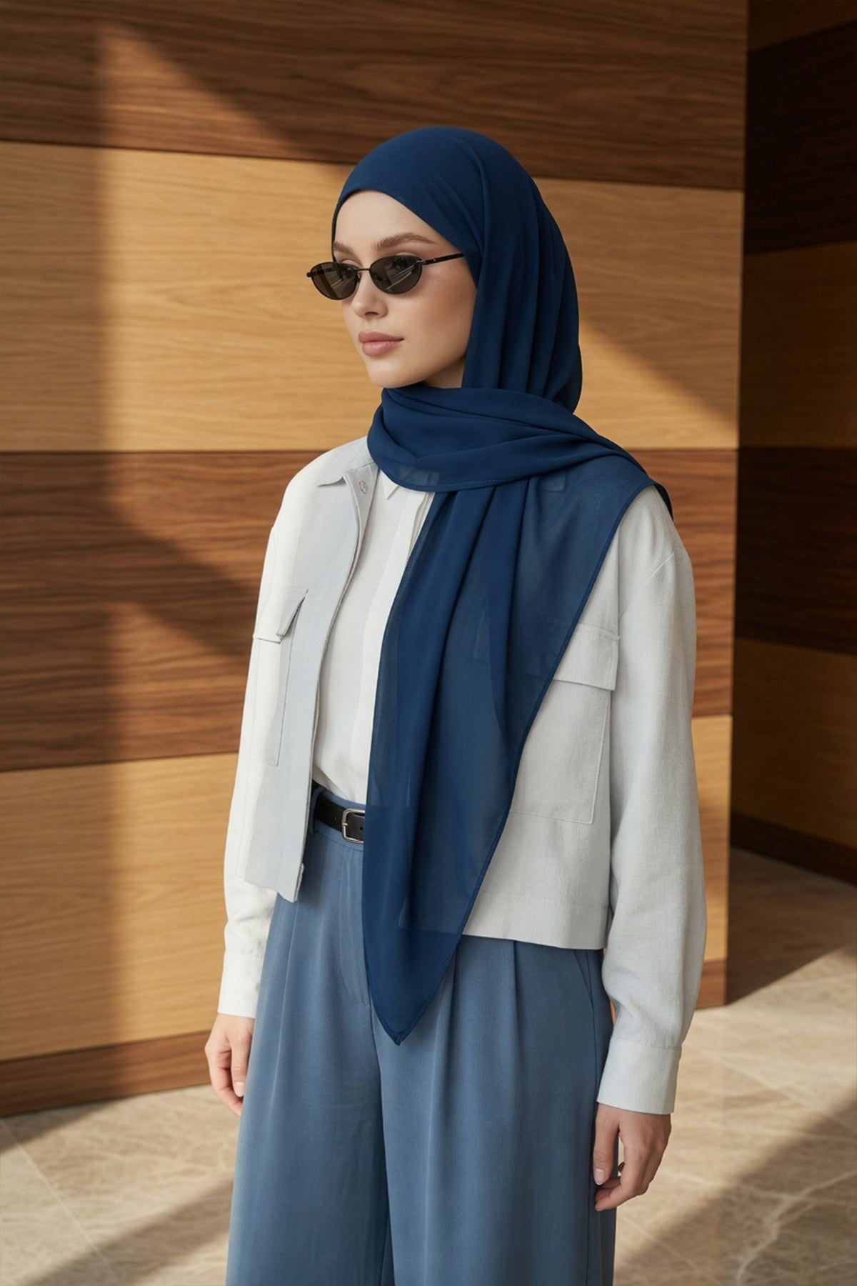 Tie-Back Chiffon Shawl Hijab with Built-In Jersey Underscarf, Non-Slip Ready-to-Wear Chiffon Hijab,PS-61 Indigo - Dark Blue