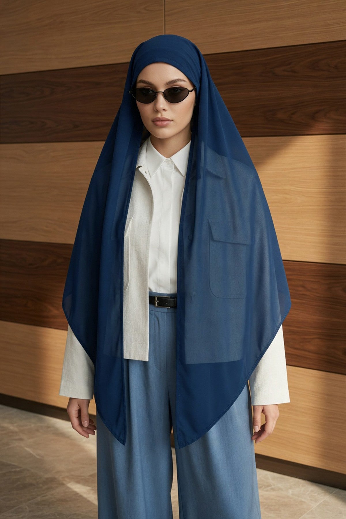 Tie-Back Chiffon Shawl Hijab with Built-In Jersey Underscarf, Non-Slip Ready-to-Wear Chiffon Hijab,PS-61 Indigo - Dark Blue
