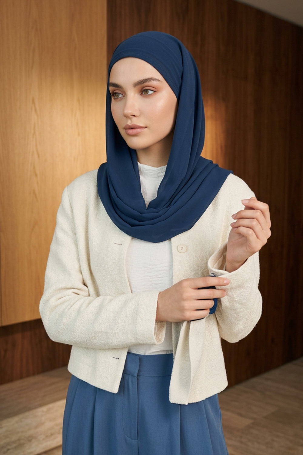 Tie-Back Chiffon Shawl Hijab with Built-In Jersey Underscarf, Non-Slip Ready-to-Wear Chiffon Hijab,PS-61 Indigo - Dark Blue
