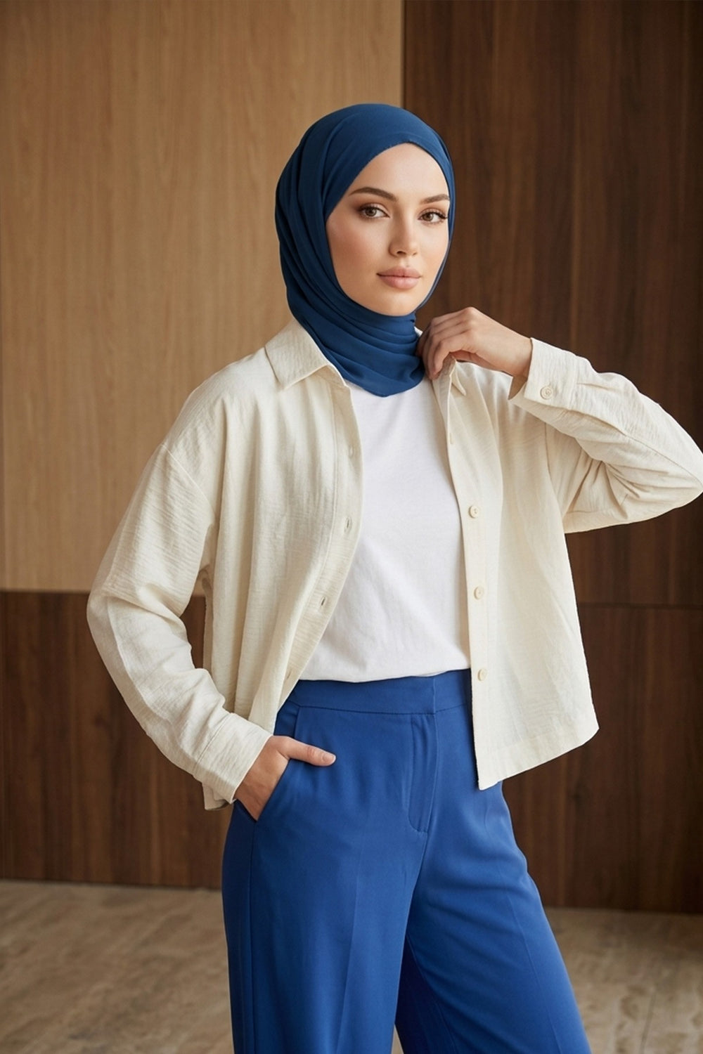Tie-Back Chiffon Shawl Hijab with Built-In Jersey Underscarf, Non-Slip Ready-to-Wear Chiffon Hijab,PS-61 Indigo - Dark Blue