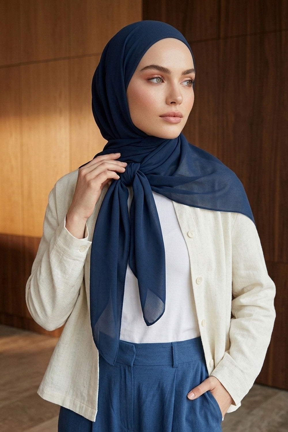 Tie-Back Chiffon Shawl Hijab with Built-In Jersey Underscarf, Non-Slip Ready-to-Wear Chiffon Hijab,PS-61 Indigo - Dark Blue
