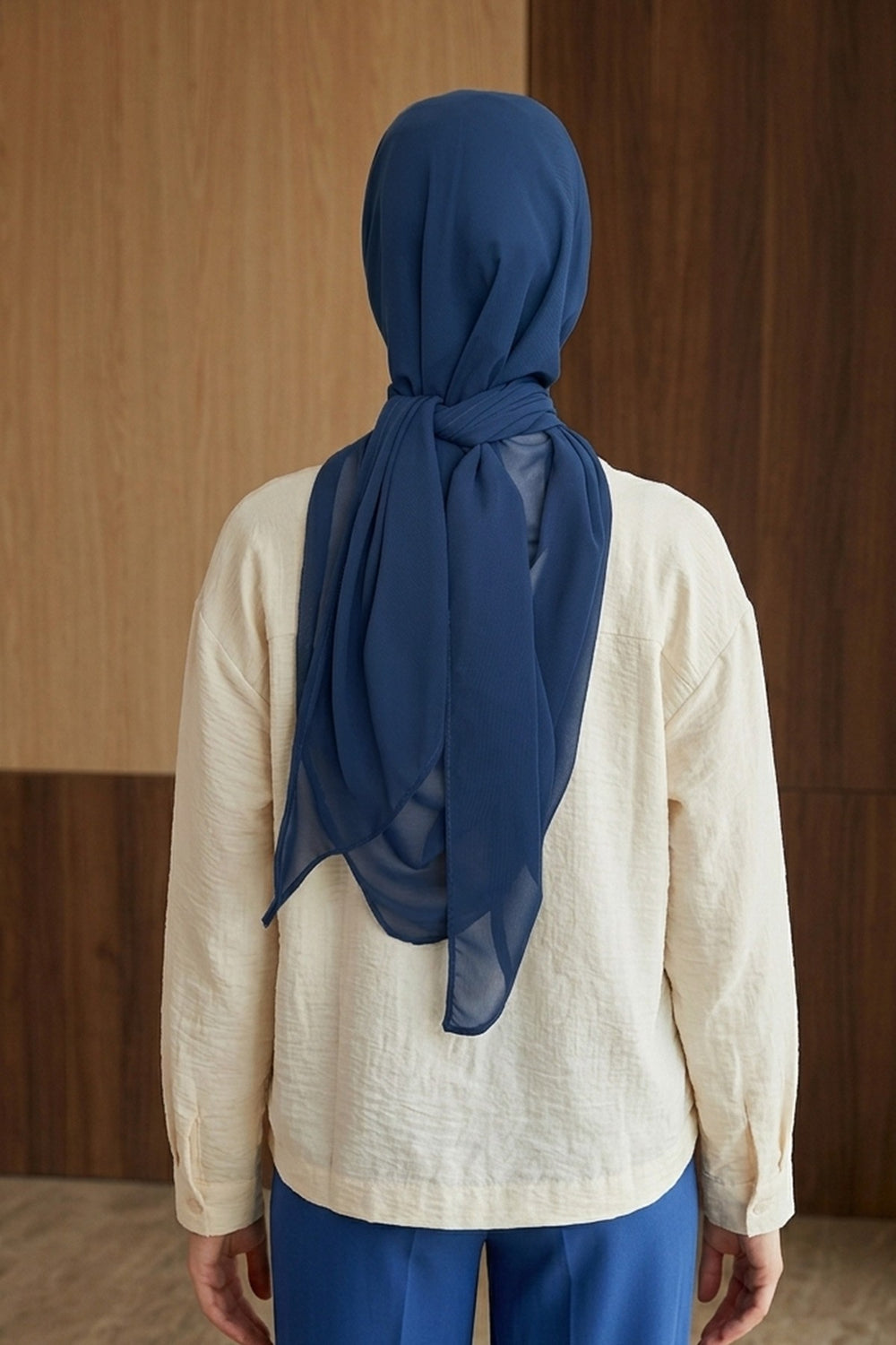 Tie-Back Chiffon Shawl Hijab with Built-In Jersey Underscarf, Non-Slip Ready-to-Wear Chiffon Hijab,PS-61 Indigo - Dark Blue