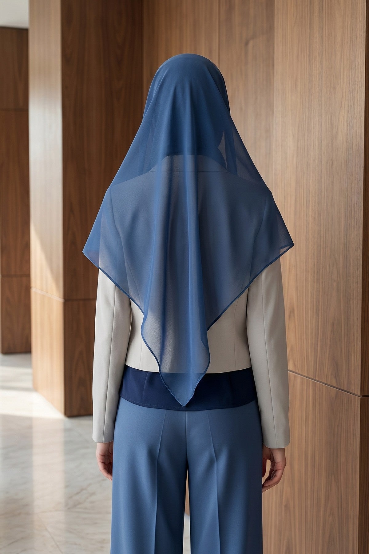 Tie-Back Chiffon Shawl Hijab with Built-In Jersey Underscarf, Non-Slip Ready-to-Wear Chiffon Hijab,PS-61 Indigo - Dark Blue