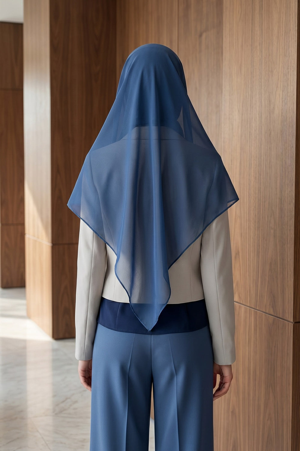 Tie-Back Chiffon Shawl Hijab with Built-In Jersey Underscarf, Non-Slip Ready-to-Wear Chiffon Hijab,PS-61 Indigo - Dark Blue