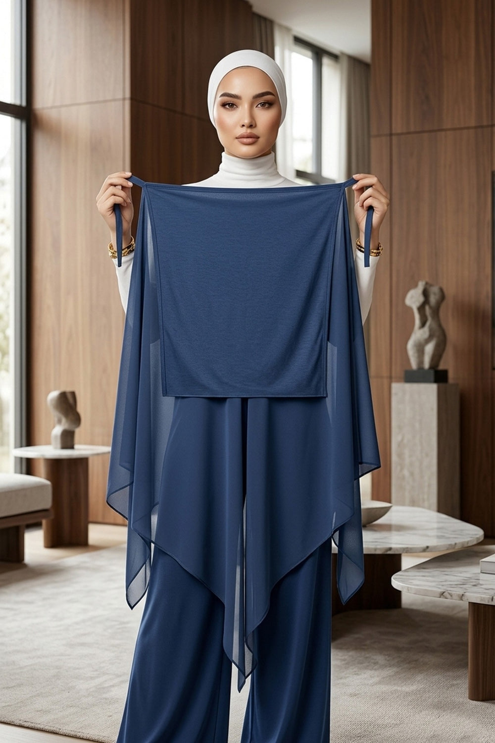 Tie-Back Chiffon Shawl Hijab with Built-In Jersey Underscarf, Non-Slip Ready-to-Wear Chiffon Hijab,PS-61 Indigo - Dark Blue