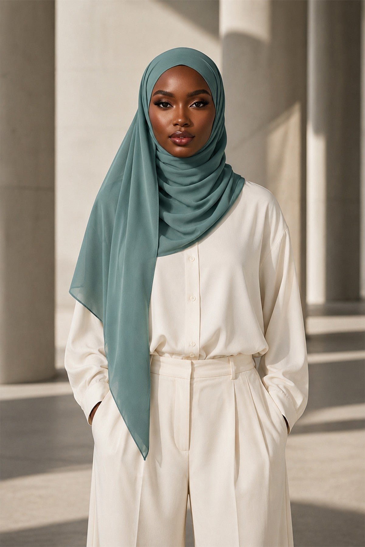 Tie-Back Chiffon Shawl Hijab with Built-In Jersey Underscarf, Non-Slip Ready-to-Wear Chiffon Hijab,PS-61 Dark Mint-Almond Green