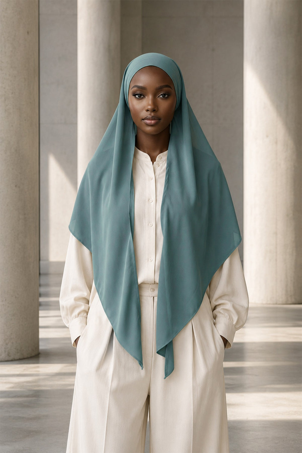 Tie-Back Chiffon Shawl Hijab with Built-In Jersey Underscarf, Non-Slip Ready-to-Wear Chiffon Hijab,PS-61 Dark Mint-Almond Green