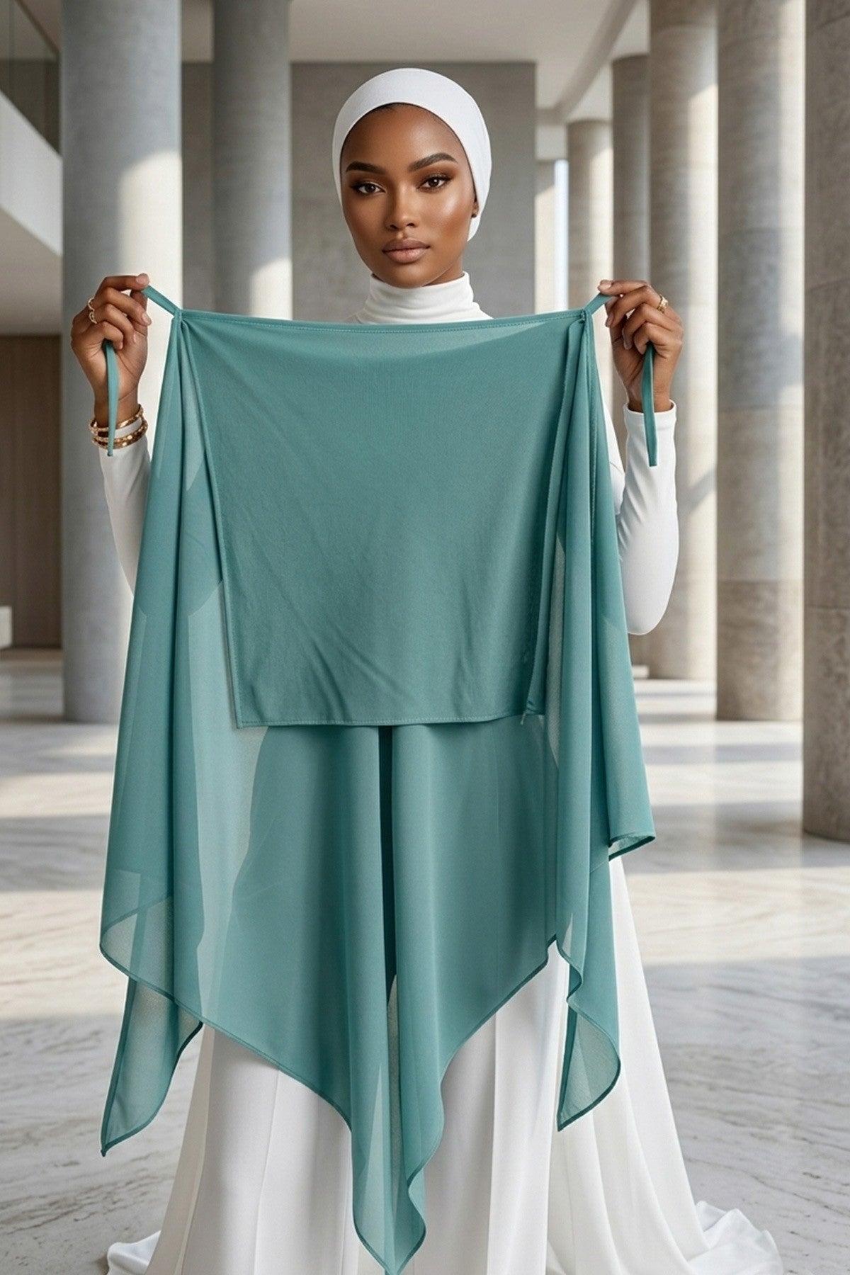 Tie-Back Chiffon Shawl Hijab with Built-In Jersey Underscarf, Non-Slip Ready-to-Wear Chiffon Hijab,PS-61 Dark Mint-Almond Green