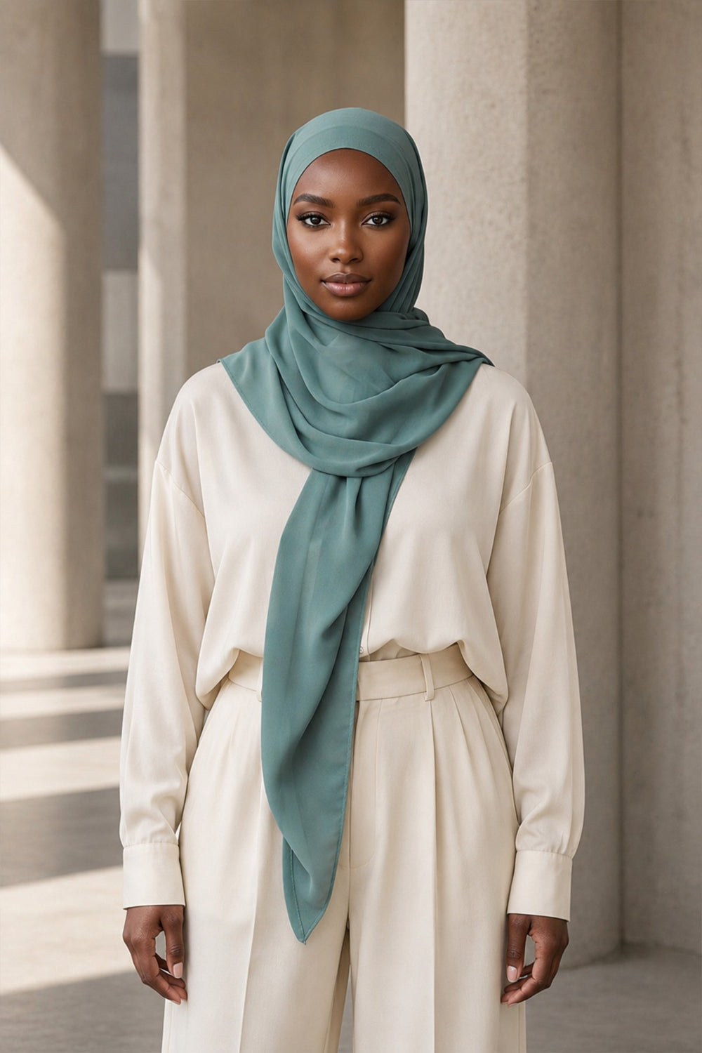 Tie-Back Chiffon Shawl Hijab with Built-In Jersey Underscarf, Non-Slip Ready-to-Wear Chiffon Hijab,PS-61 Dark Mint-Almond Green