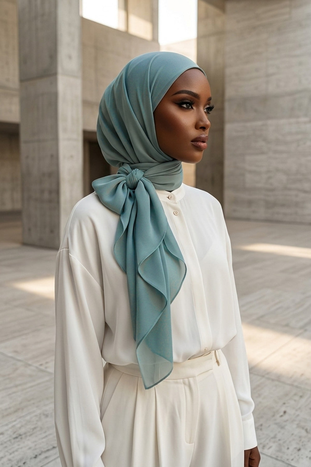 Tie-Back Chiffon Shawl Hijab with Built-In Jersey Underscarf, Non-Slip Ready-to-Wear Chiffon Hijab,PS-61 Dark Mint-Almond Green