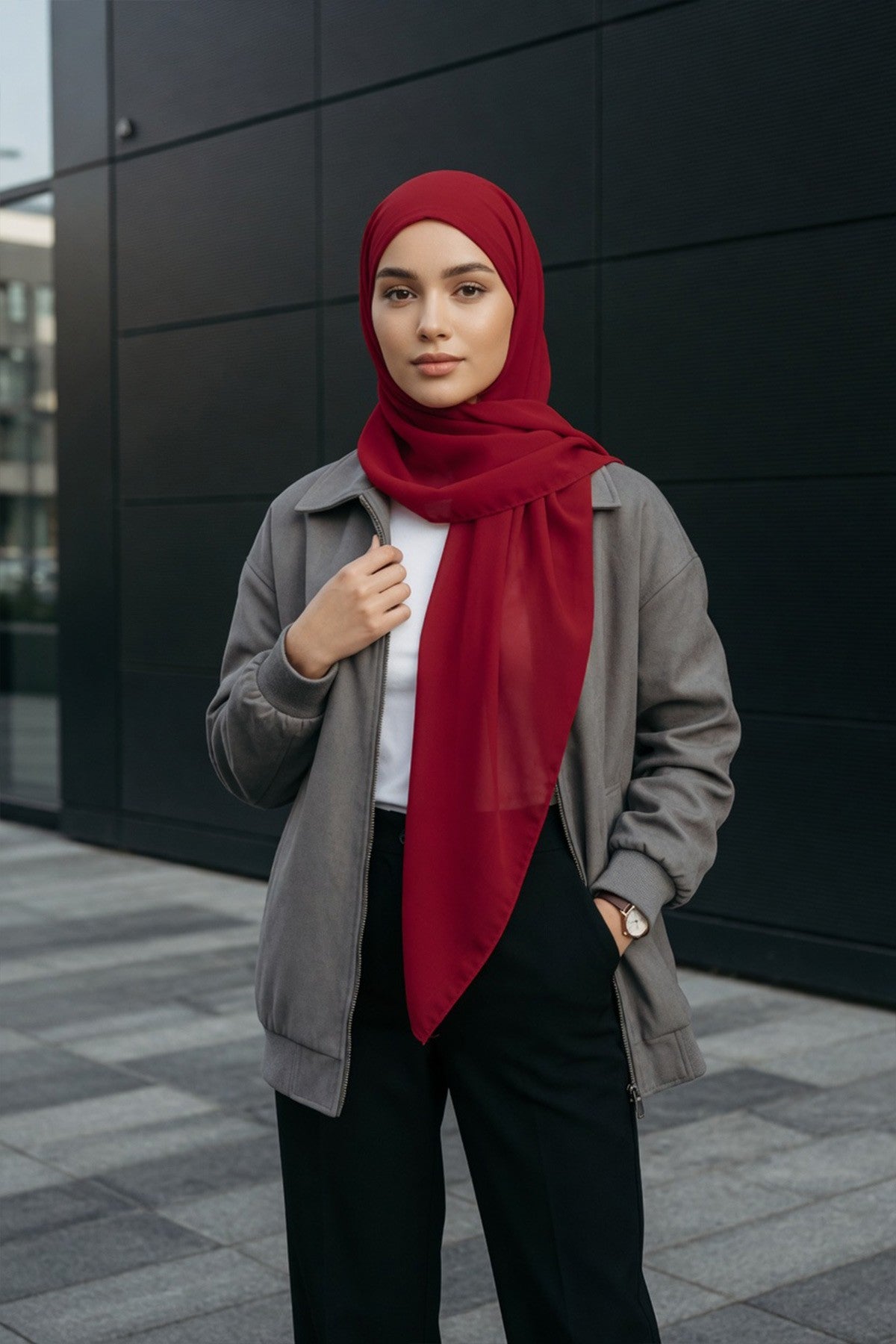 Tie-Back Chiffon Shawl Hijab with Built-In Jersey Underscarf, Non-Slip Ready-to-Wear Chiffon Hijab,PS-61 Maroon