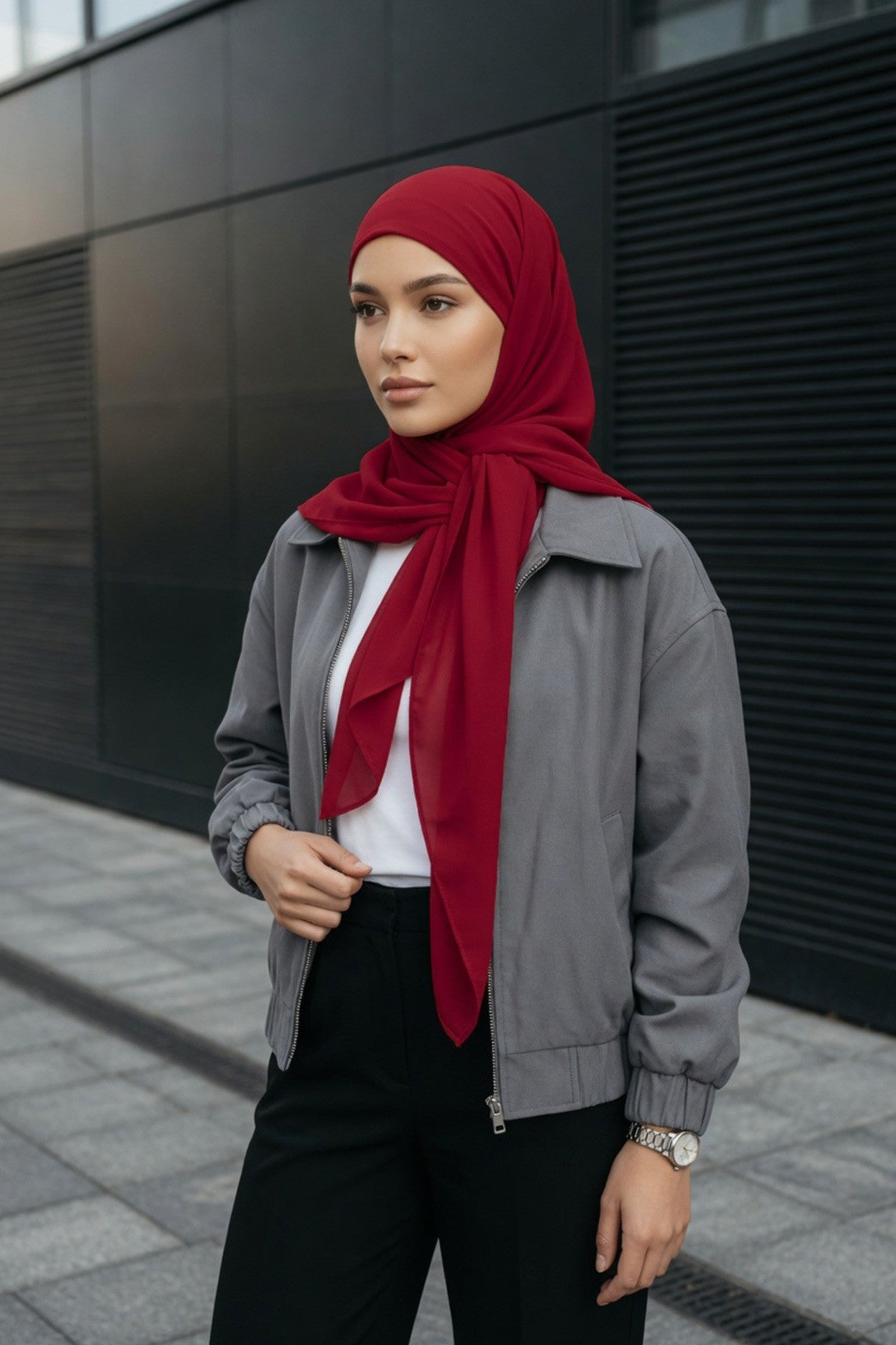 Tie-Back Chiffon Shawl Hijab with Built-In Jersey Underscarf, Non-Slip Ready-to-Wear Chiffon Hijab,PS-61 Maroon