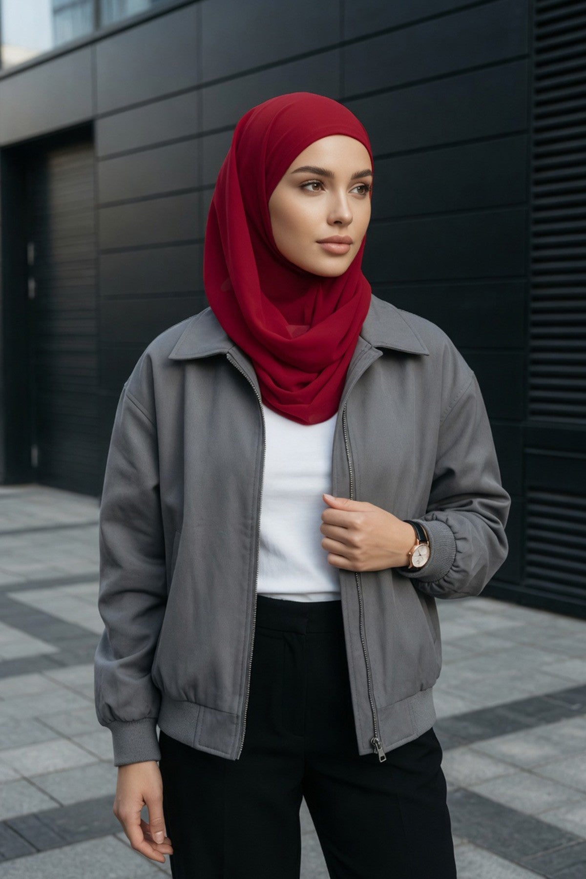 Tie-Back Chiffon Shawl Hijab with Built-In Jersey Underscarf, Non-Slip Ready-to-Wear Chiffon Hijab,PS-61 Maroon