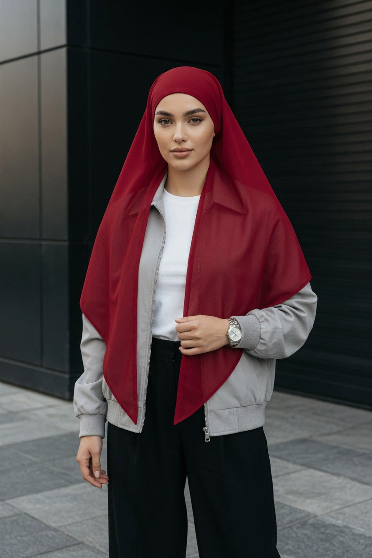 Tie-Back Chiffon Shawl Hijab with Built-In Jersey Underscarf, Non-Slip Ready-to-Wear Chiffon Hijab,PS-61 Maroon