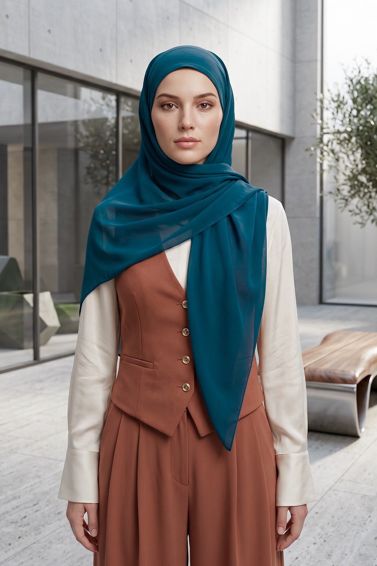 Tie-Back Chiffon Shawl Hijab with Built-In Jersey Underscarf, Non-Slip Ready-to-Wear Chiffon Hijab,PS-61 Petrol