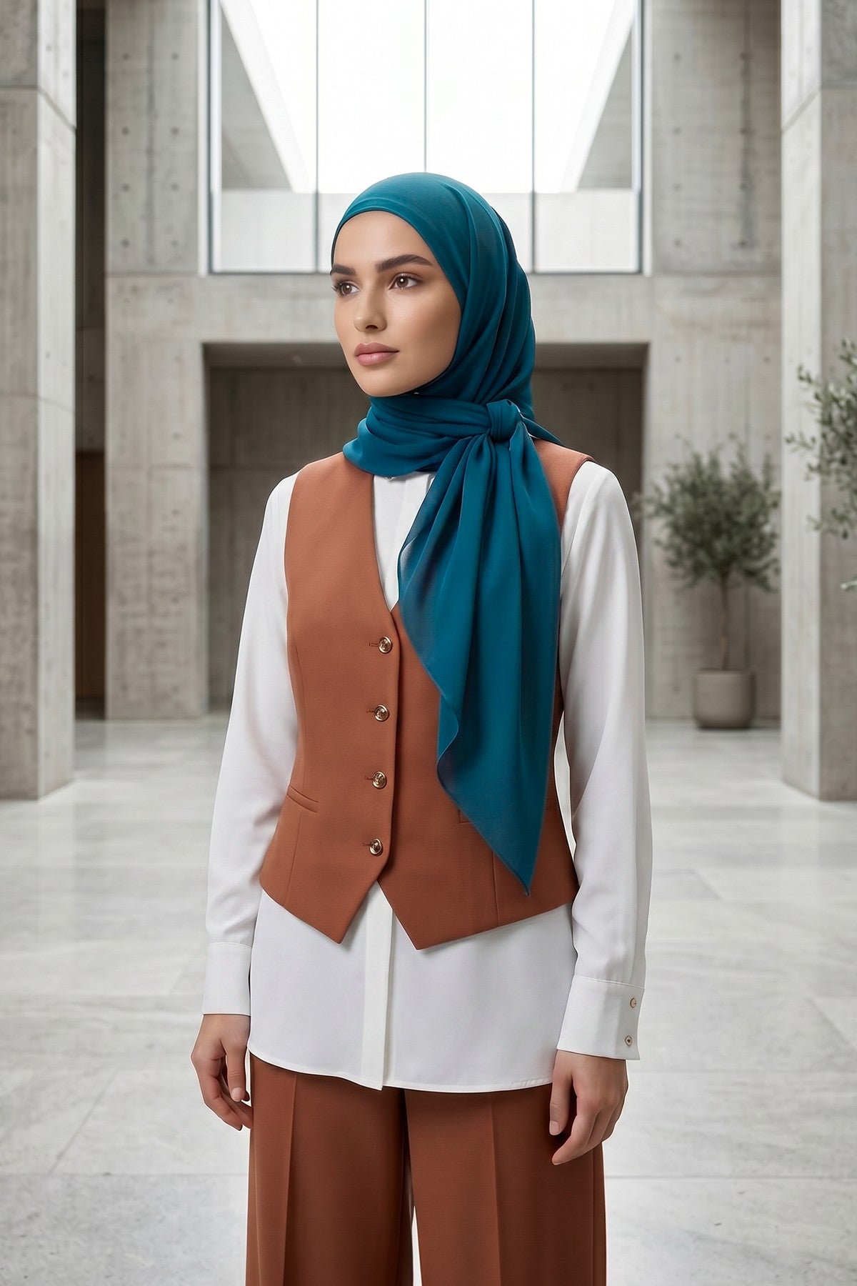 Tie-Back Chiffon Shawl Hijab with Built-In Jersey Underscarf, Non-Slip Ready-to-Wear Chiffon Hijab,PS-61 Petrol