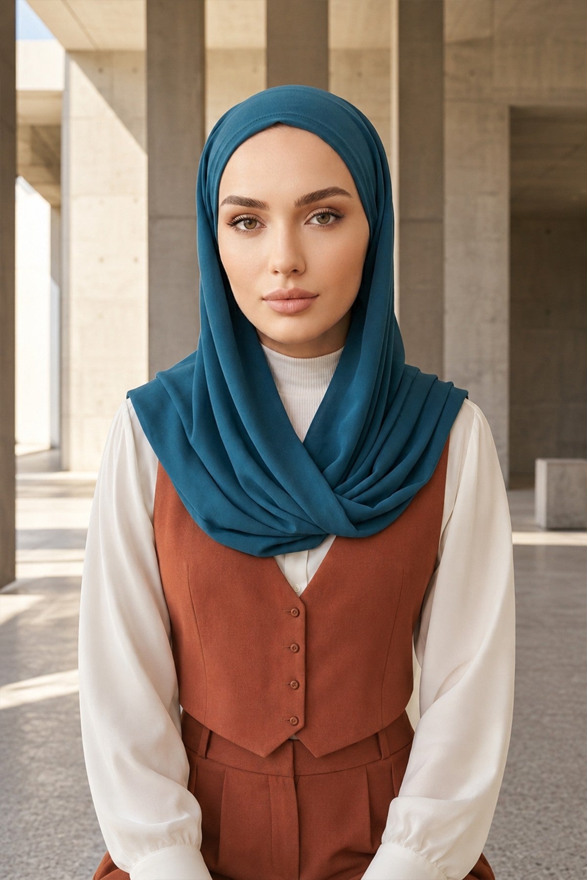 Tie-Back Chiffon Shawl Hijab with Built-In Jersey Underscarf, Non-Slip Ready-to-Wear Chiffon Hijab,PS-61 Petrol