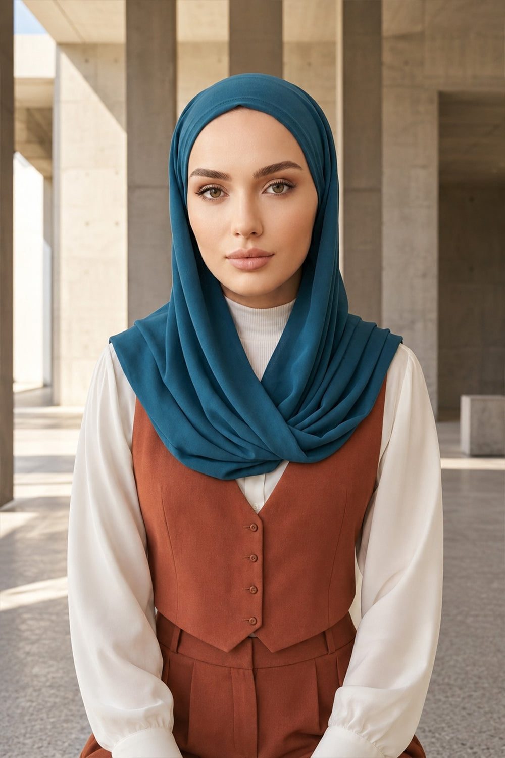 Tie-Back Chiffon Shawl Hijab with Built-In Jersey Underscarf, Non-Slip Ready-to-Wear Chiffon Hijab,PS-61 Petrol