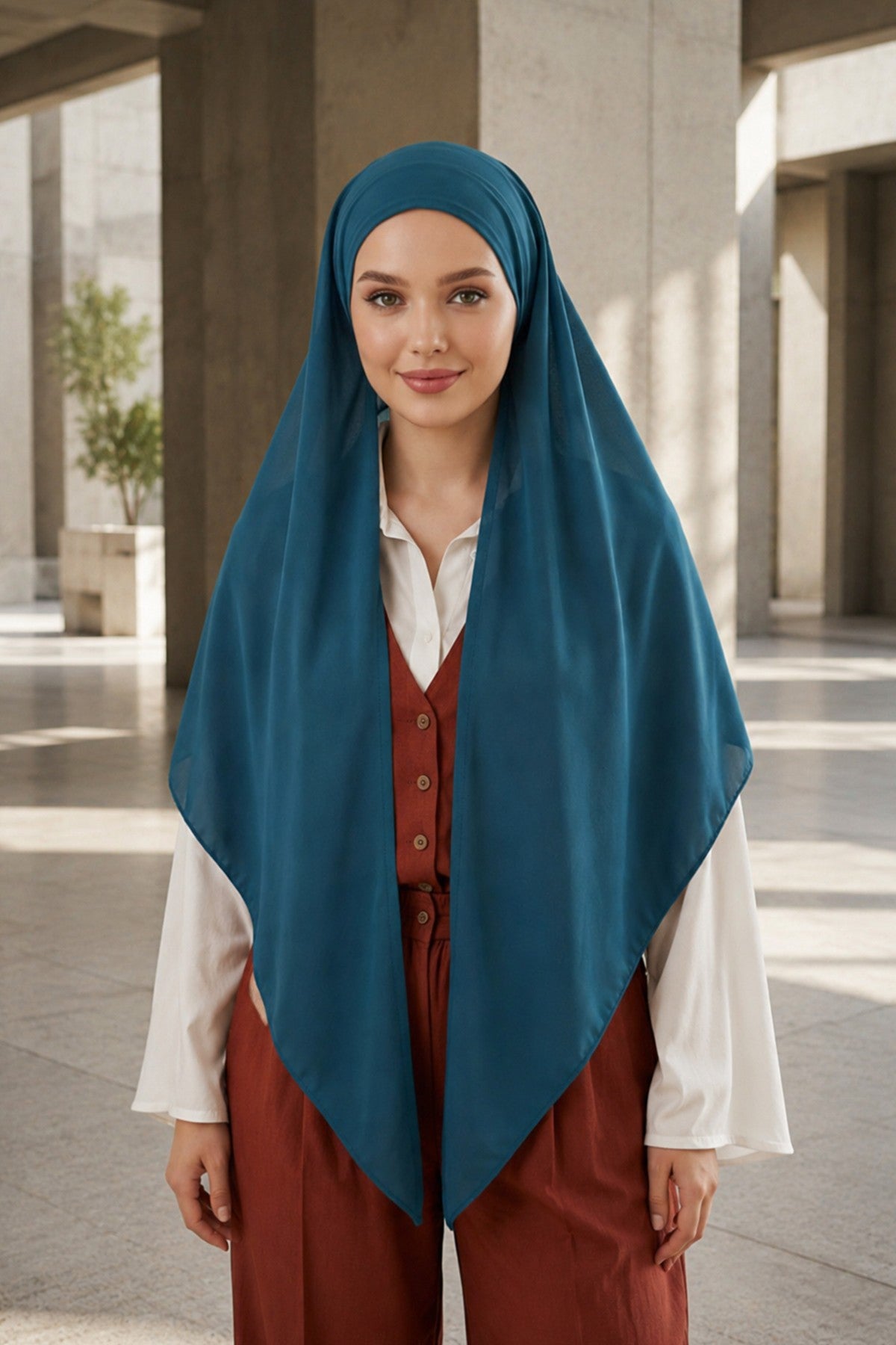 Tie-Back Chiffon Shawl Hijab with Built-In Jersey Underscarf, Non-Slip Ready-to-Wear Chiffon Hijab,PS-61 Petrol