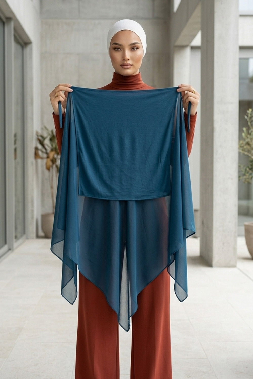 Tie-Back Chiffon Shawl Hijab with Built-In Jersey Underscarf, Non-Slip Ready-to-Wear Chiffon Hijab,PS-61 Petrol