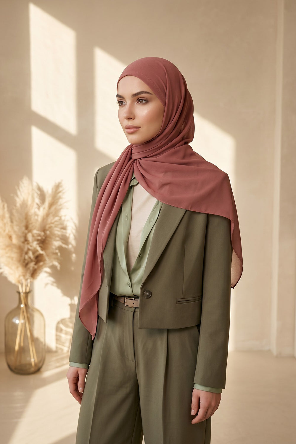 Tie-Back Chiffon Shawl Hijab with Built-In Jersey Underscarf, Non-Slip Ready-to-Wear Chiffon Hijab,PS-61 Cinnamon