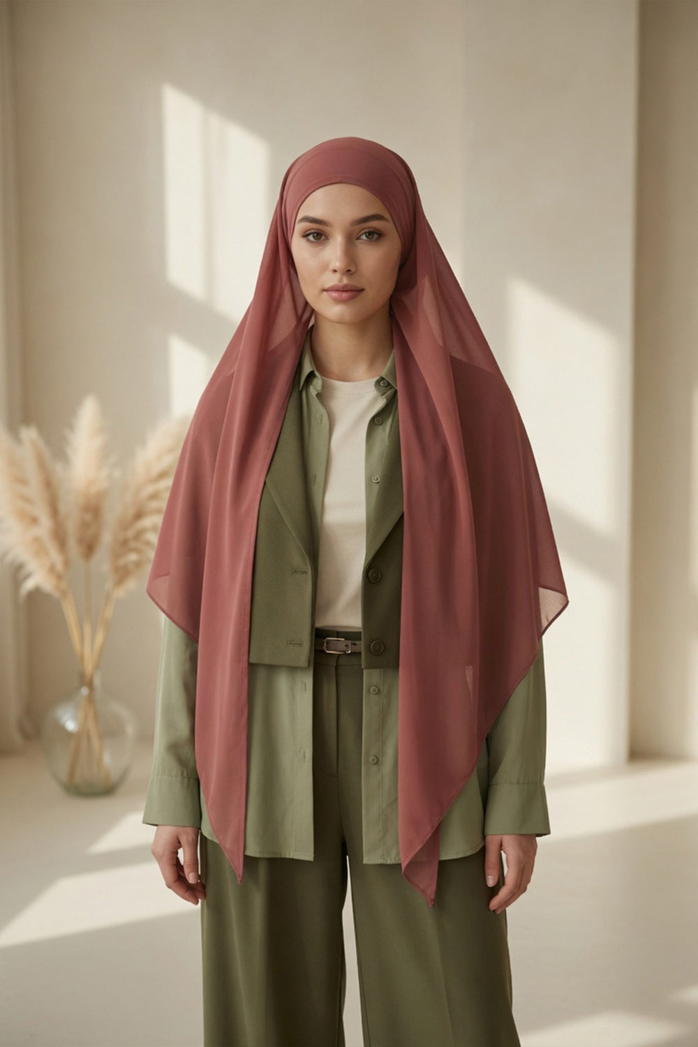 Tie-Back Chiffon Shawl Hijab with Built-In Jersey Underscarf, Non-Slip Ready-to-Wear Chiffon Hijab,PS-61 Cinnamon