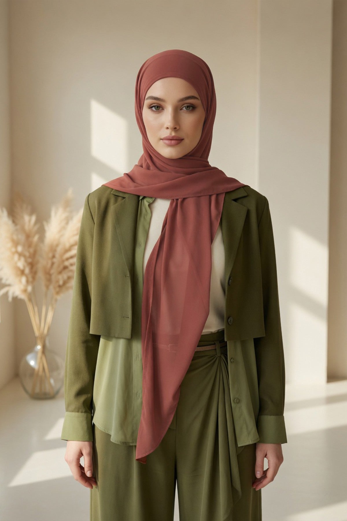 Tie-Back Chiffon Shawl Hijab with Built-In Jersey Underscarf, Non-Slip Ready-to-Wear Chiffon Hijab,PS-61 Cinnamon