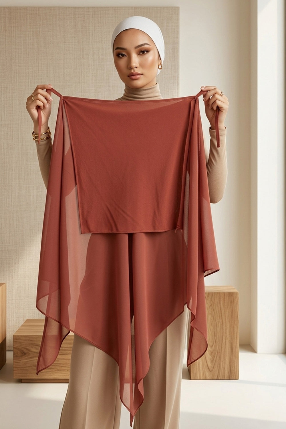 Tie-Back Chiffon Shawl Hijab with Built-In Jersey Underscarf, Non-Slip Ready-to-Wear Chiffon Hijab,PS-61 Cinnamon