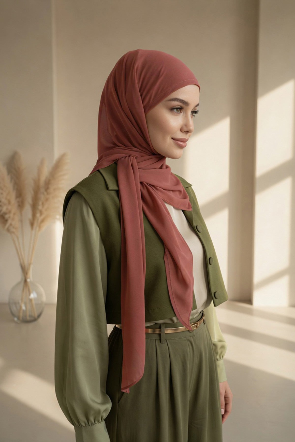 Tie-Back Chiffon Shawl Hijab with Built-In Jersey Underscarf, Non-Slip Ready-to-Wear Chiffon Hijab,PS-61 Cinnamon