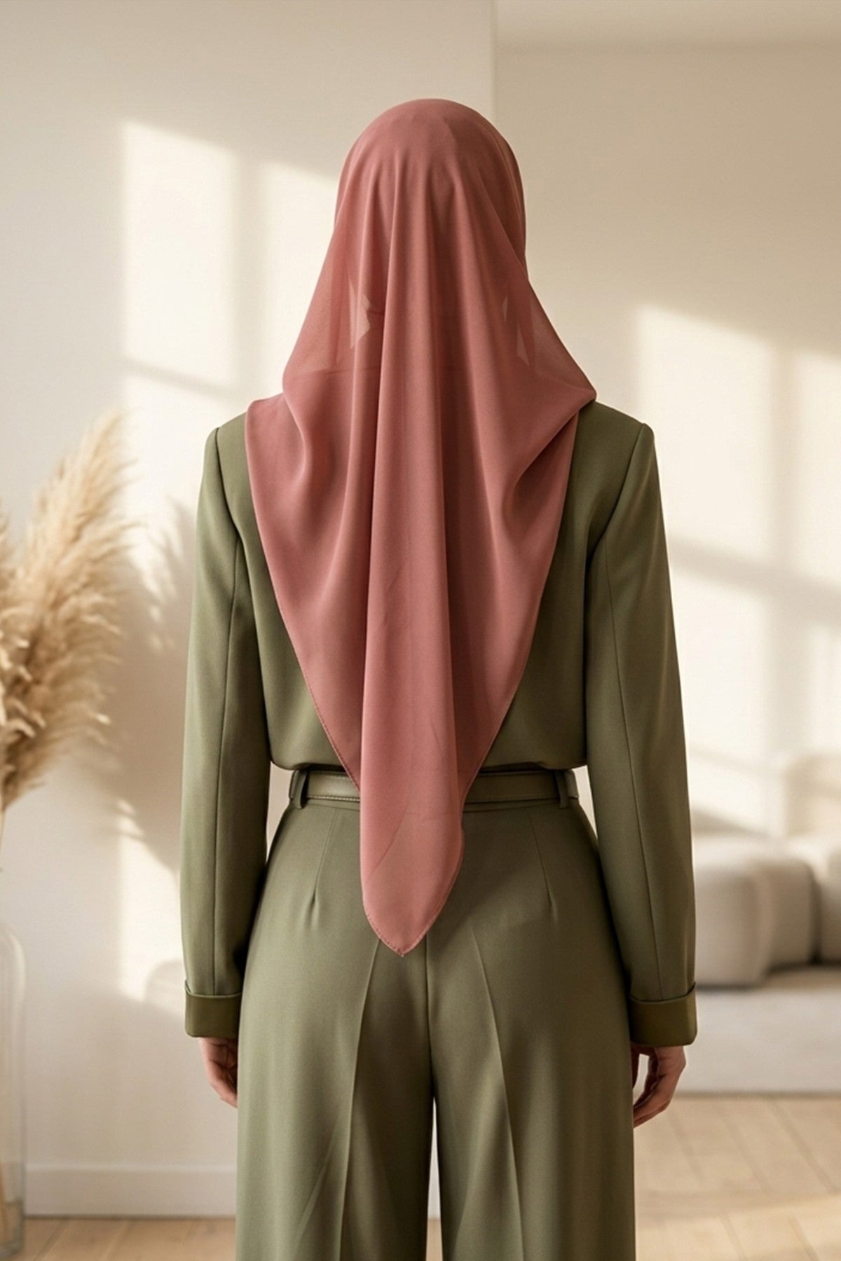 Tie-Back Chiffon Shawl Hijab with Built-In Jersey Underscarf, Non-Slip Ready-to-Wear Chiffon Hijab,PS-61 Cinnamon