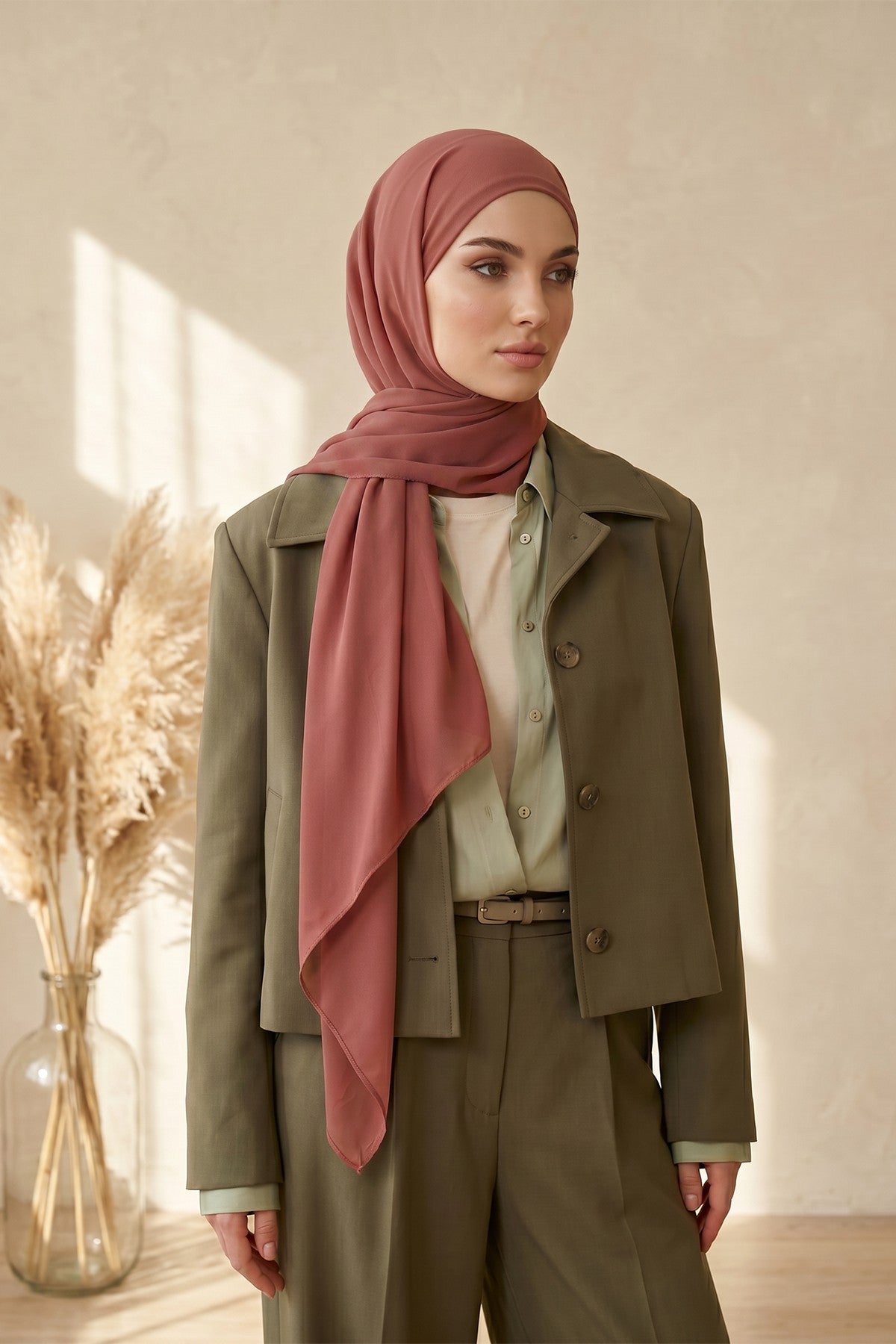 Tie-Back Chiffon Shawl Hijab with Built-In Jersey Underscarf, Non-Slip Ready-to-Wear Chiffon Hijab,PS-61 Cinnamon