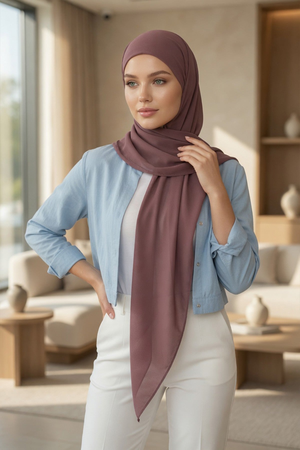 Tie-Back Chiffon Shawl Hijab with Built-In Jersey Underscarf, Non-Slip Ready-to-Wear Chiffon Hijab,PS-61 Dusty Rose