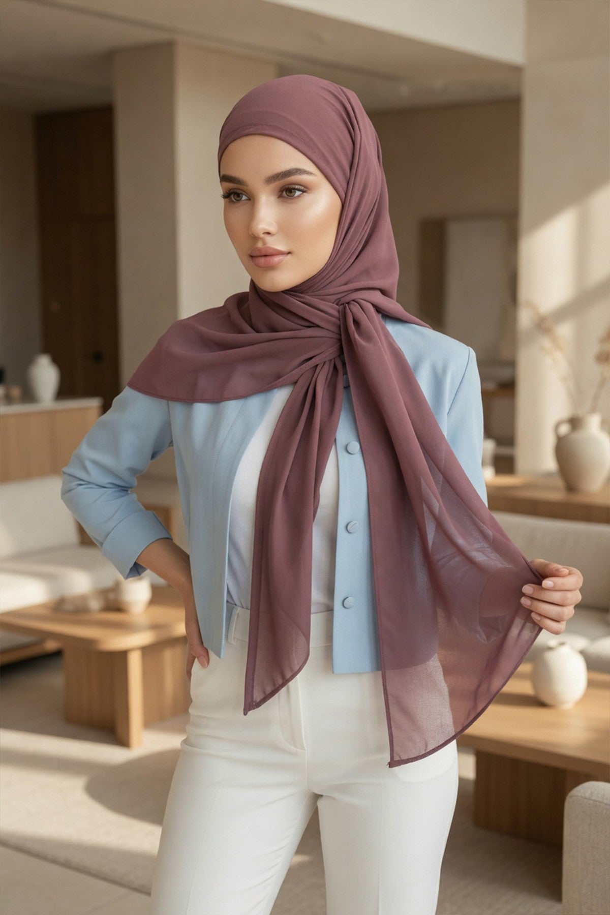 Tie-Back Chiffon Shawl Hijab with Built-In Jersey Underscarf, Non-Slip Ready-to-Wear Chiffon Hijab,PS-61 Dusty Rose