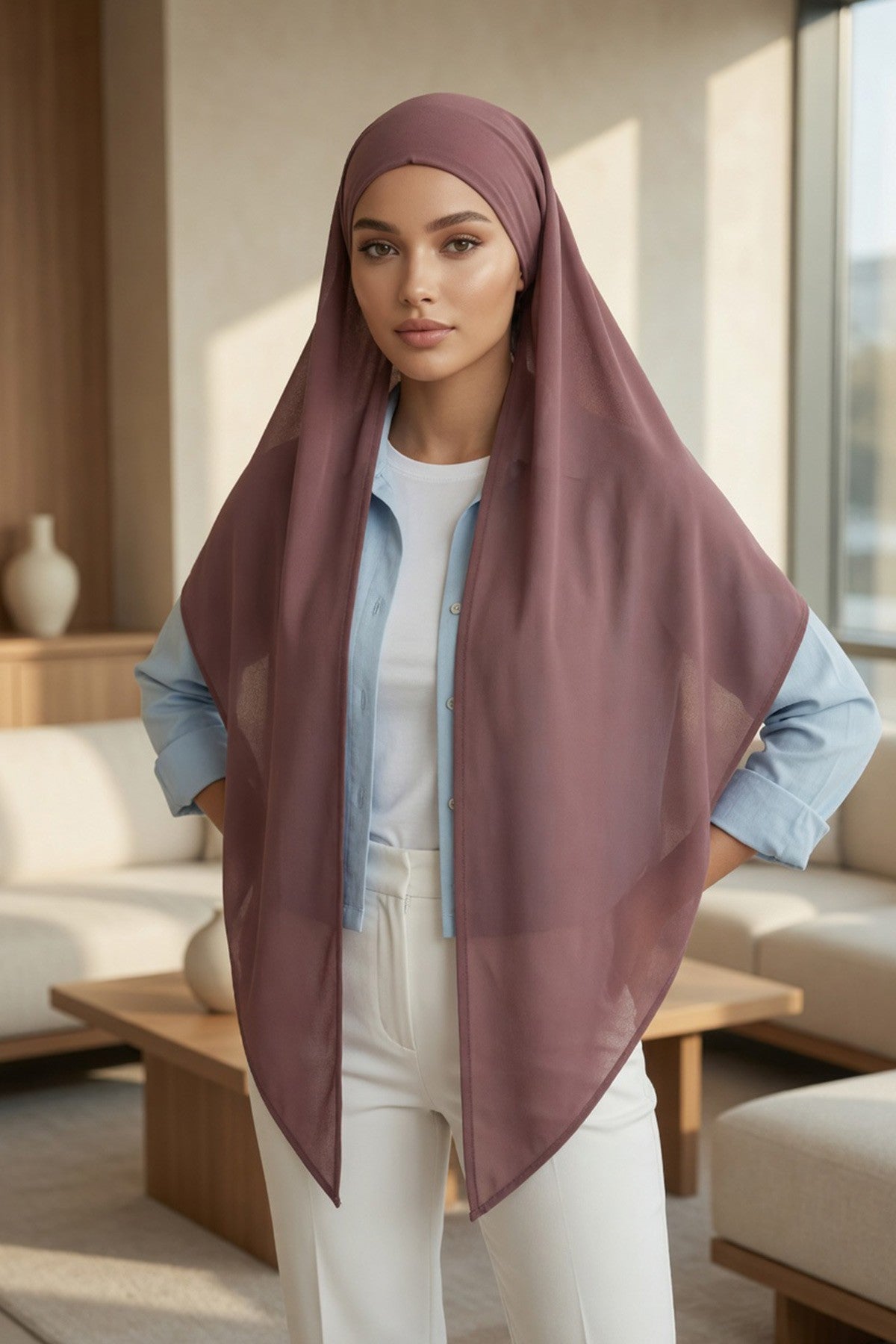 Tie-Back Chiffon Shawl Hijab with Built-In Jersey Underscarf, Non-Slip Ready-to-Wear Chiffon Hijab,PS-61 Dusty Rose
