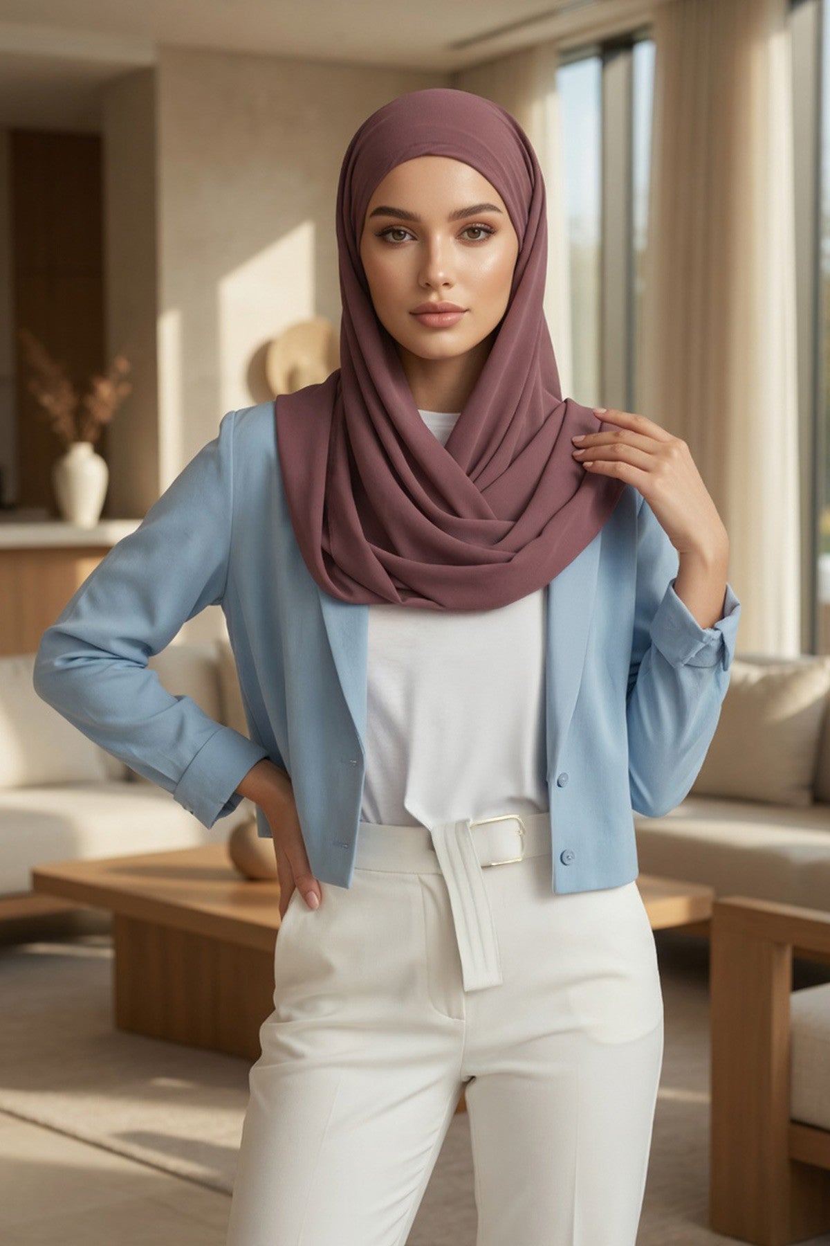 Tie-Back Chiffon Shawl Hijab with Built-In Jersey Underscarf, Non-Slip Ready-to-Wear Chiffon Hijab,PS-61 Dusty Rose