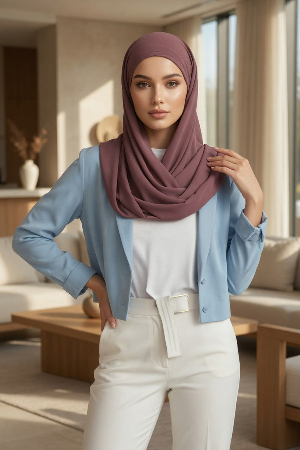 Tie-Back Chiffon Shawl Hijab with Built-In Jersey Underscarf, Non-Slip Ready-to-Wear Chiffon Hijab,PS-61 Dusty Rose