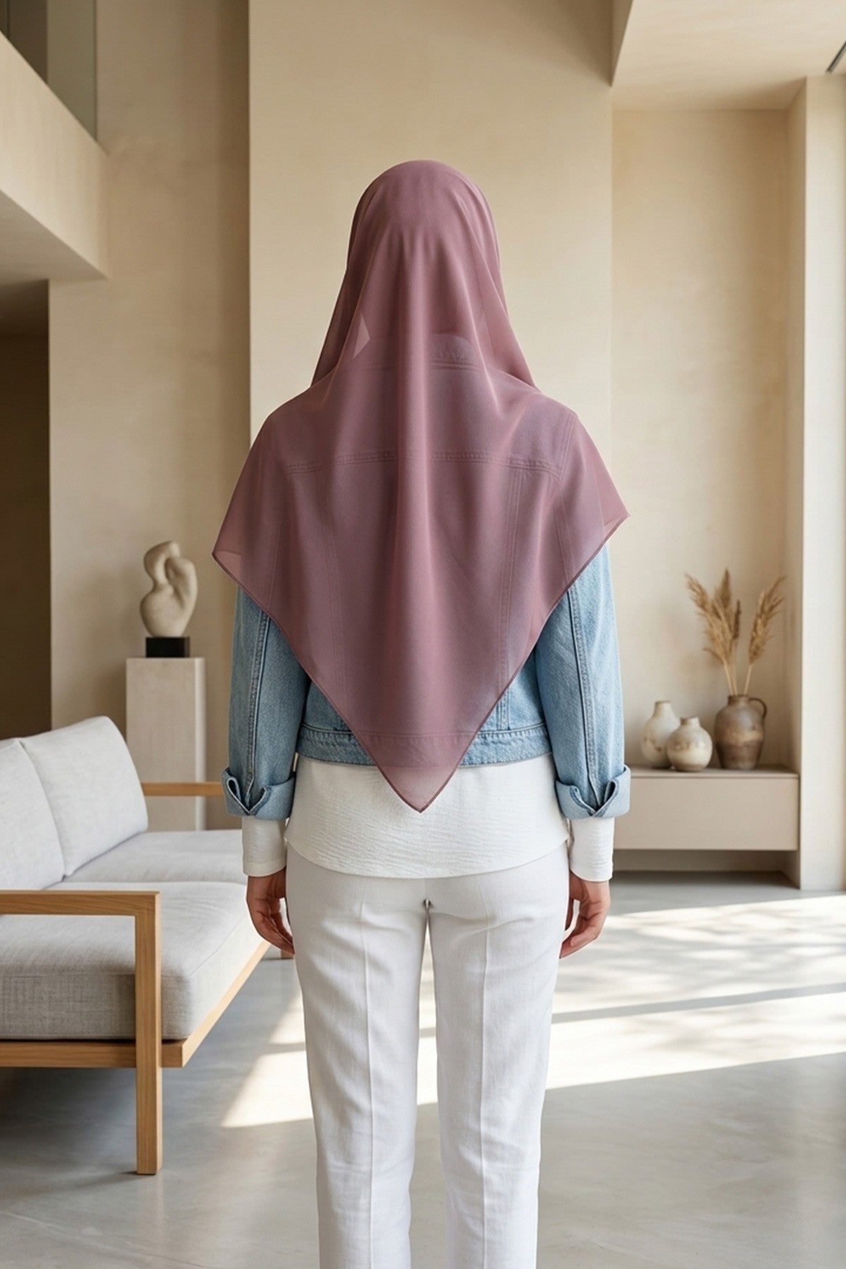 Tie-Back Chiffon Shawl Hijab with Built-In Jersey Underscarf, Non-Slip Ready-to-Wear Chiffon Hijab,PS-61 Dusty Rose