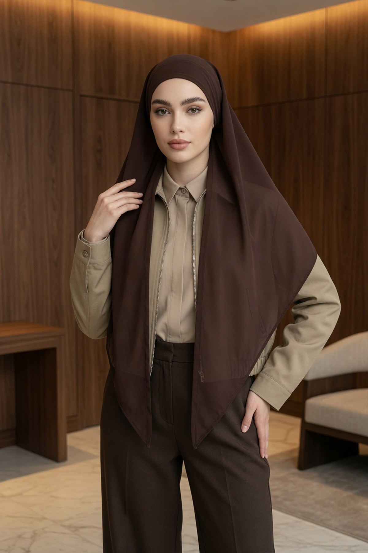 Tie-Back Chiffon Shawl Hijab with Built-In Jersey Underscarf, Non-Slip Ready-to-Wear Chiffon Hijab,PS-61 Brown
