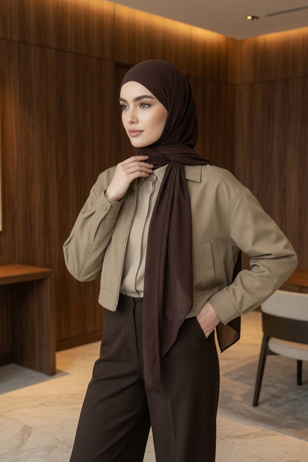 Tie-Back Chiffon Shawl Hijab with Built-In Jersey Underscarf, Non-Slip Ready-to-Wear Chiffon Hijab,PS-61 Brown