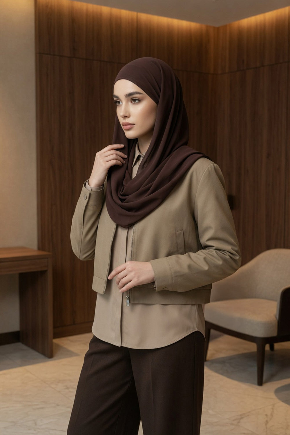 Tie-Back Chiffon Shawl Hijab with Built-In Jersey Underscarf, Non-Slip Ready-to-Wear Chiffon Hijab,PS-61 Brown