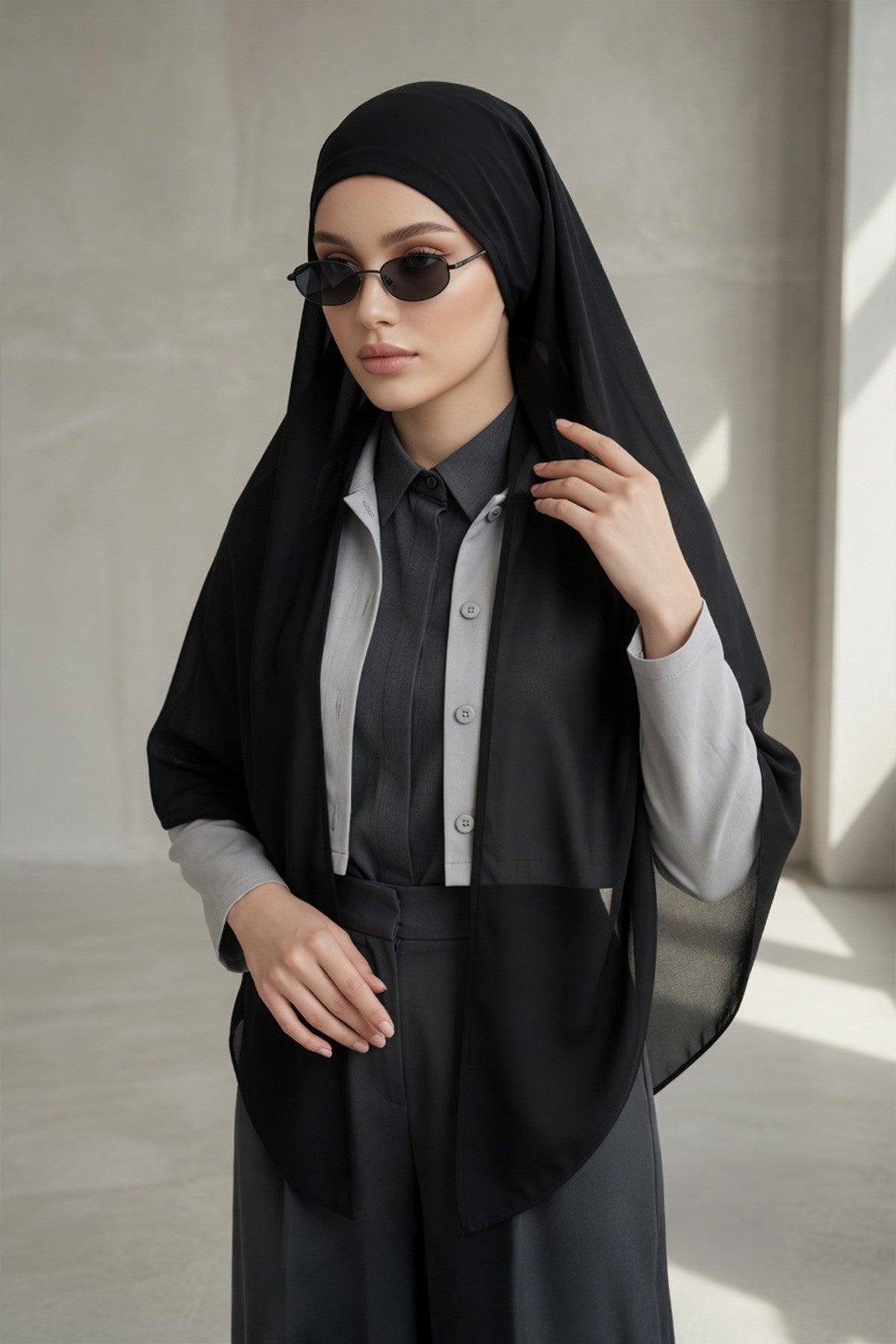 Tie-Back Chiffon Shawl Hijab with Built-In Jersey Underscarf, Non-Slip Ready-to-Wear Chiffon Hijab,PS-61 Black