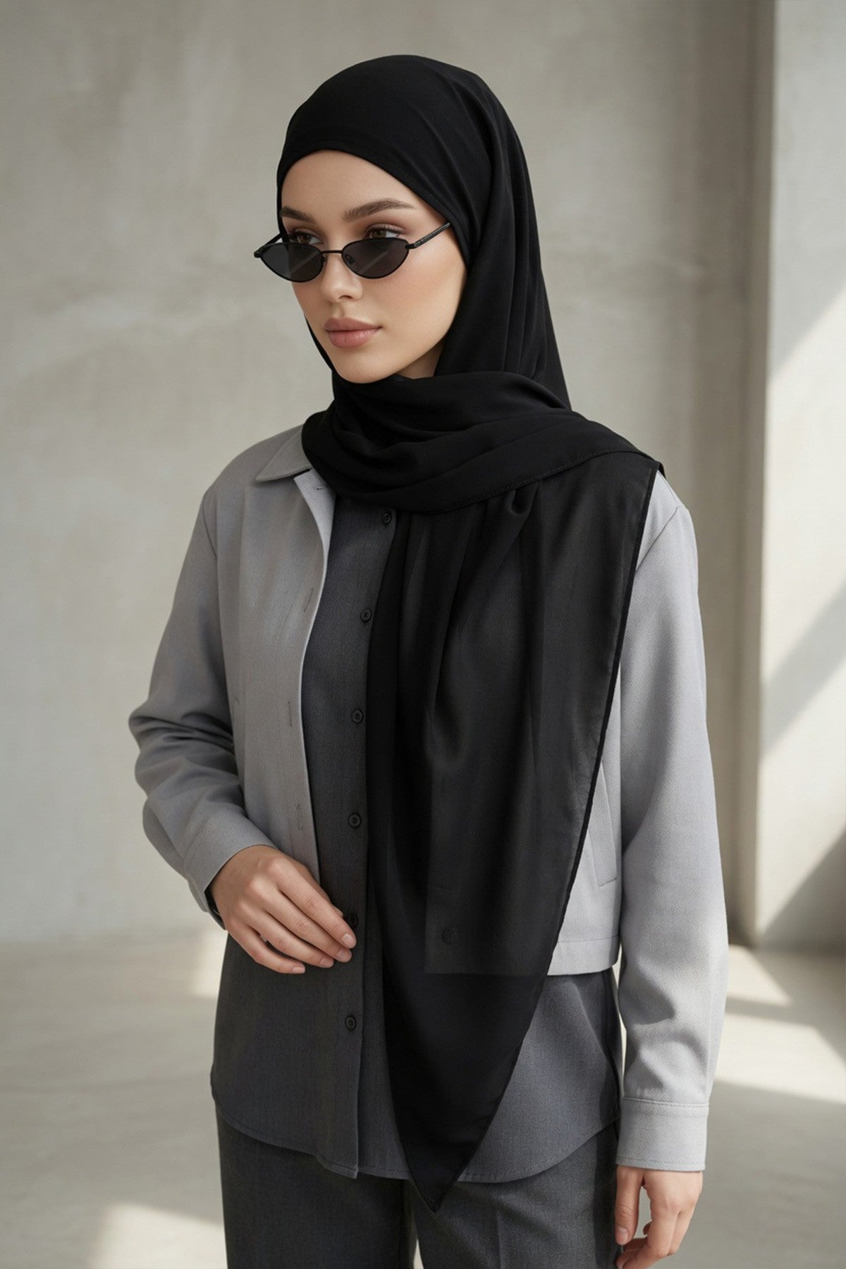 Tie-Back Chiffon Shawl Hijab with Built-In Jersey Underscarf, Non-Slip Ready-to-Wear Chiffon Hijab,PS-61 Black