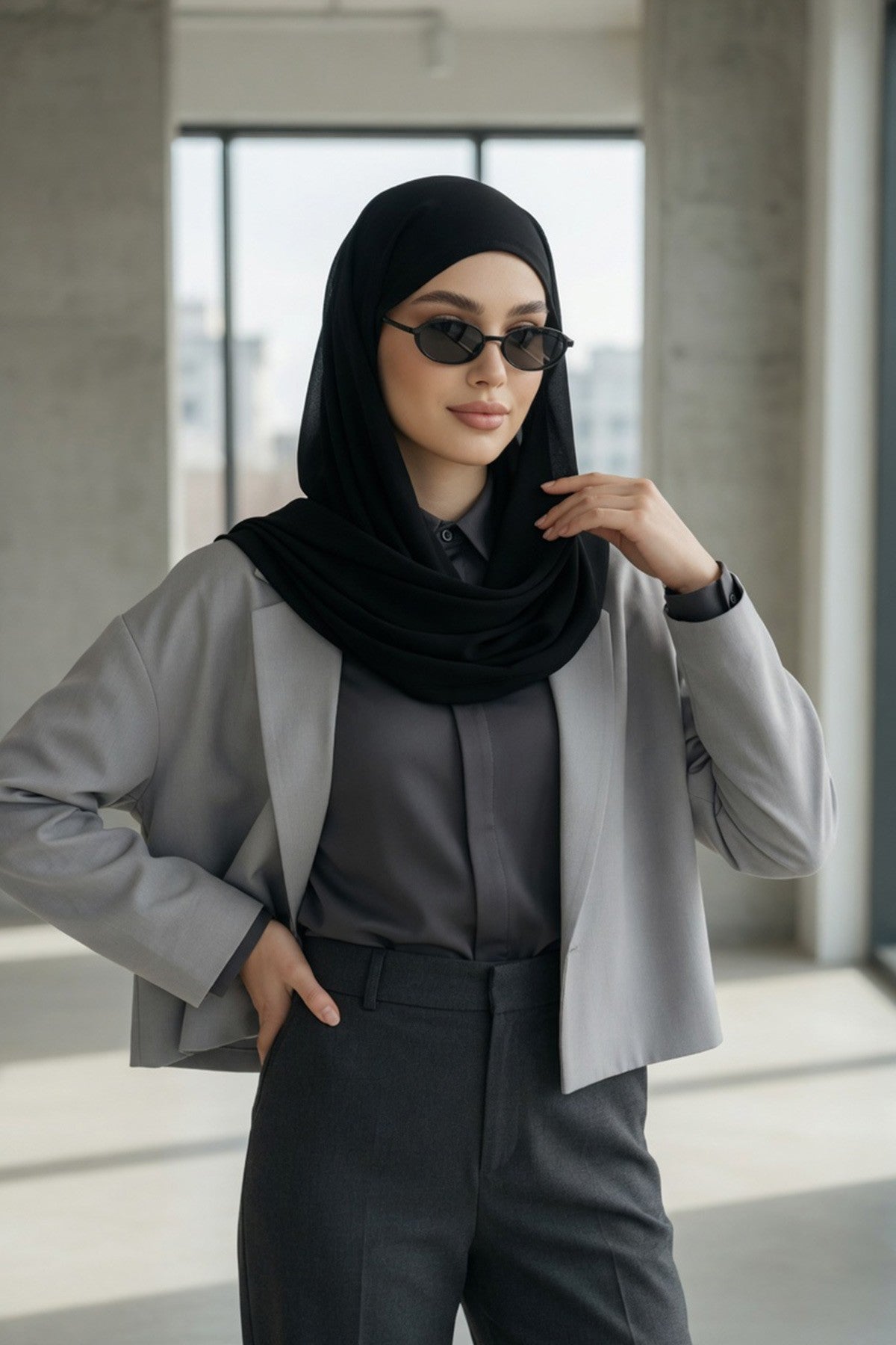 Tie-Back Chiffon Shawl Hijab with Built-In Jersey Underscarf, Non-Slip Ready-to-Wear Chiffon Hijab,PS-61 Black