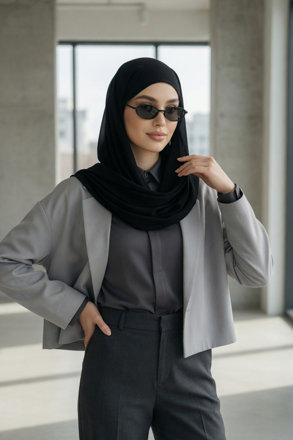 Tie-Back Chiffon Shawl Hijab with Built-In Jersey Underscarf, Non-Slip Ready-to-Wear Chiffon Hijab,PS-61 Black